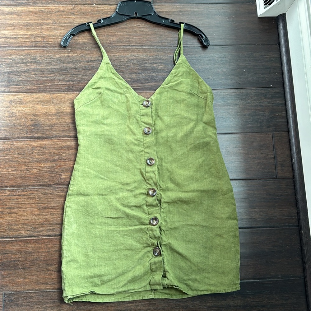 Olive green button cup linen dress